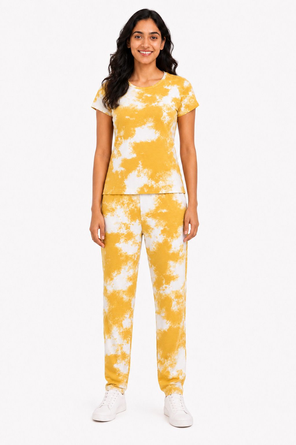 Women's printed cotton night suit in Yellow