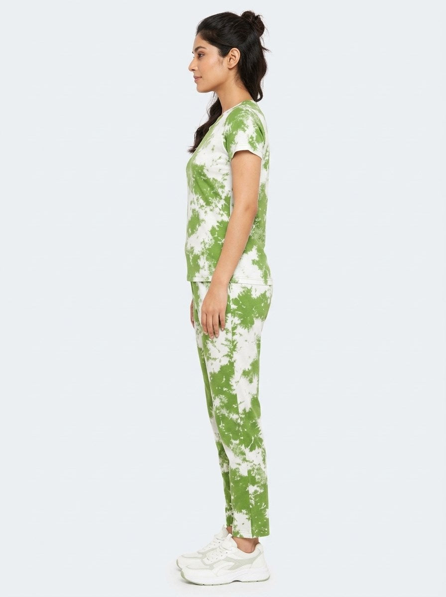 Women's Tie Dye Cotton Night Suit Set - Green left side view