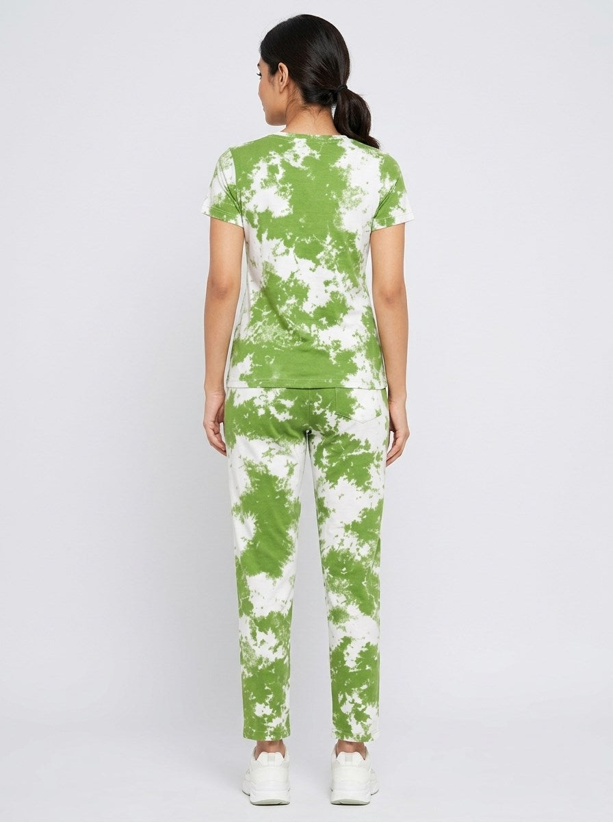 Women's Tie Dye Cotton Night Suit Set - Green back view