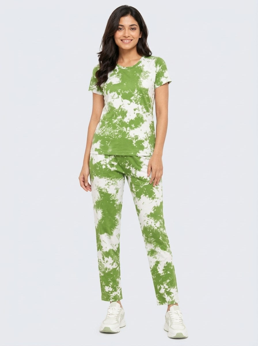 Women's Tie Dye Cotton Night Suit Set - Green front view