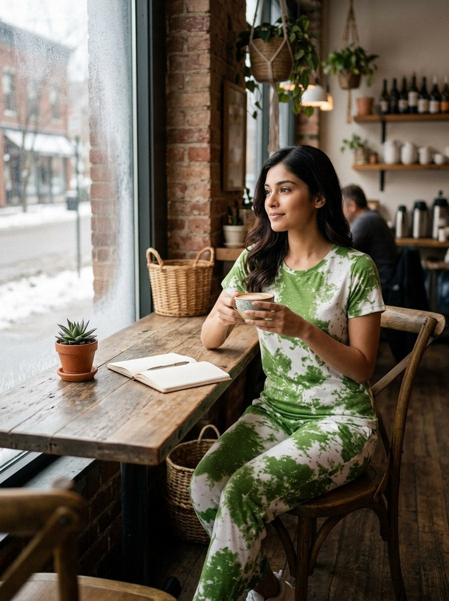 Women's Tie Dye Cotton Night Suit Set - Green cafe lifestyle