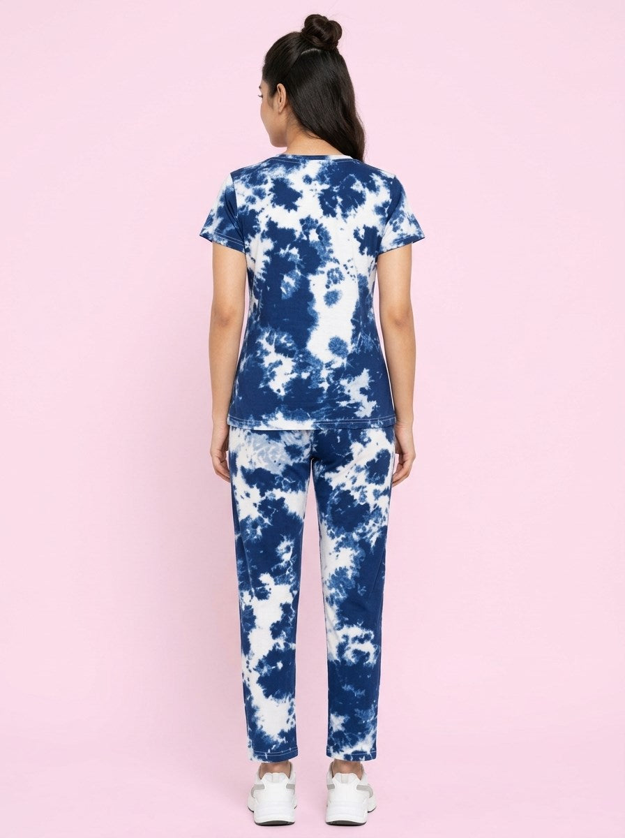 Women's Tie Dye Cotton Night Suit Set - Light Navy back view