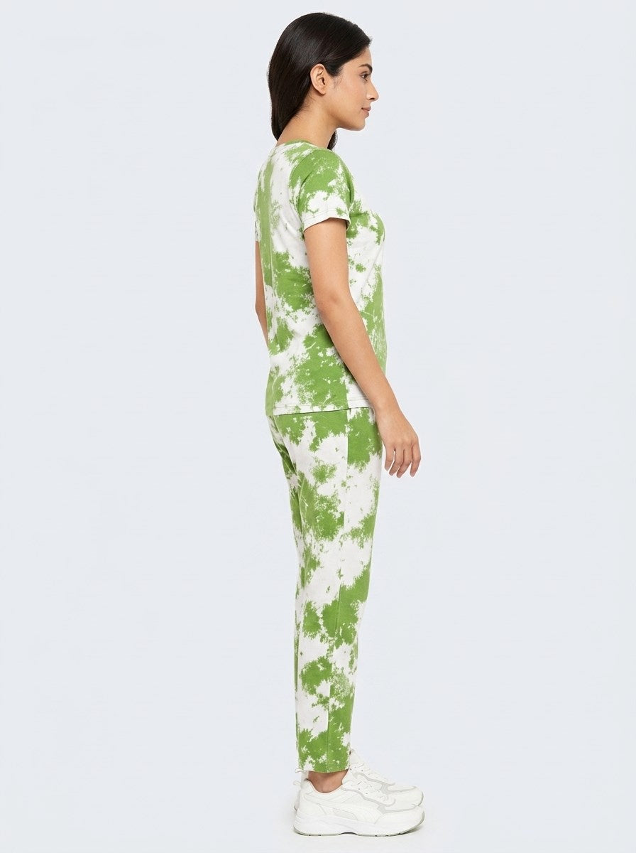 Women's Tie Dye Cotton Night Suit Set - Green right side view