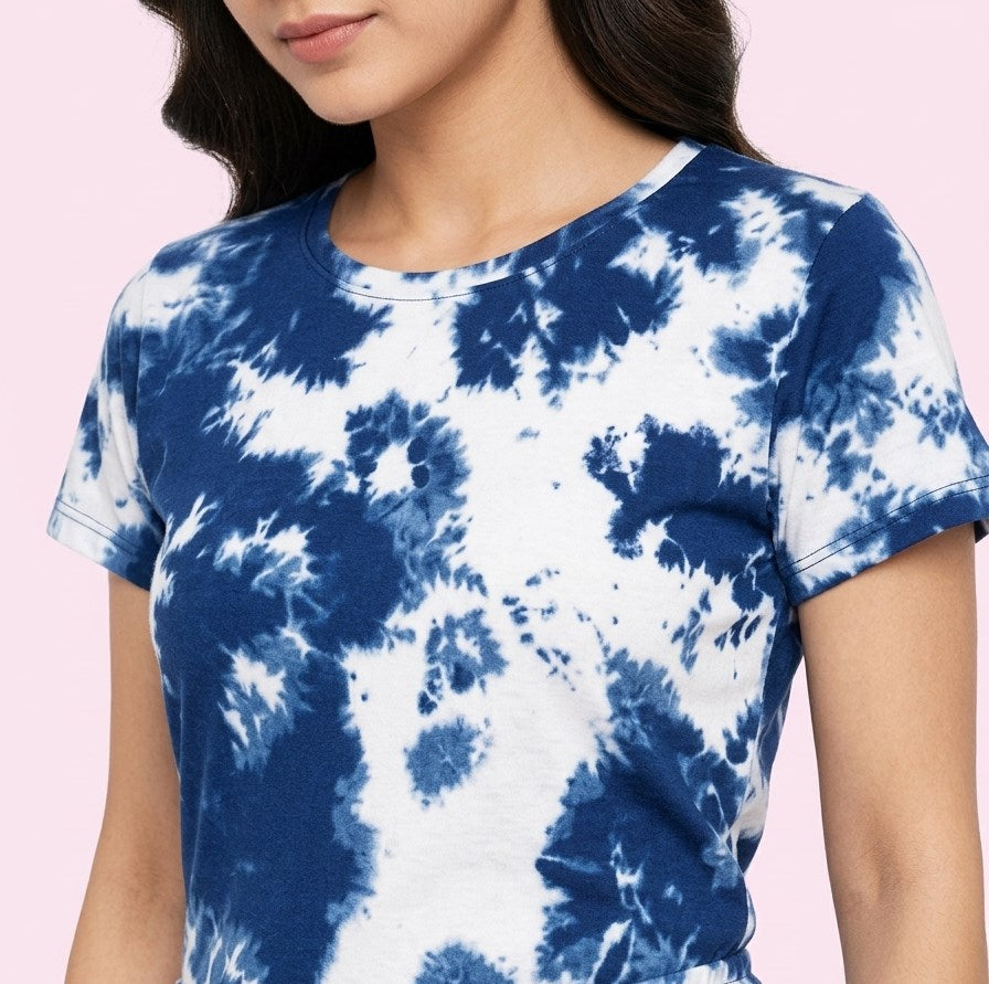 Women's Tie Dye Cotton Night Suit Set - Light Navy fabric detail