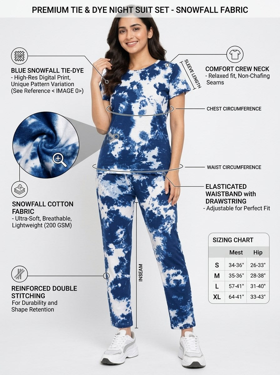 Women's Tie Dye Cotton Night Suit Set - Light Navy features