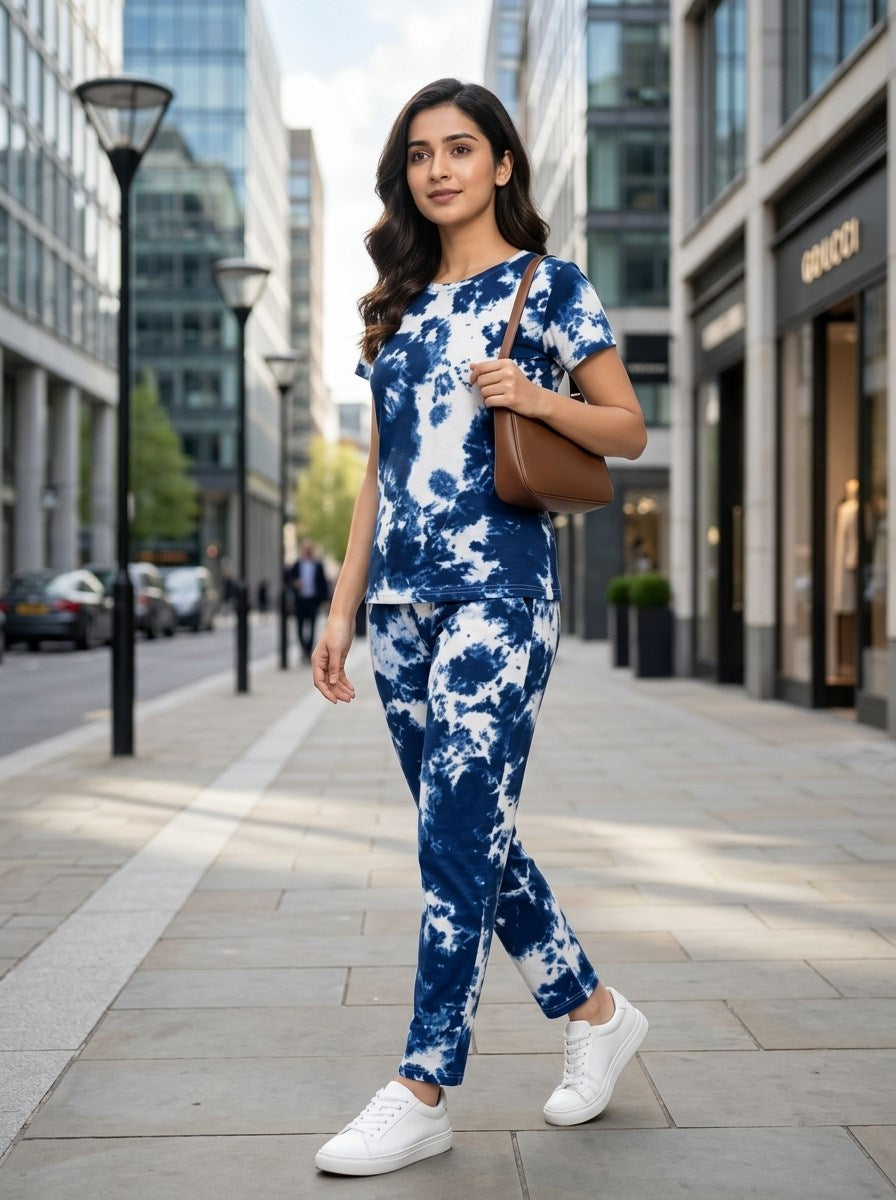 Women's Tie Dye Cotton Night Suit Set - Light Navy street lifestyle