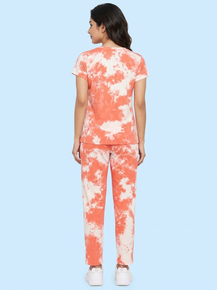 Women's Tie Dye Cotton Night Suit Set - Orange back view