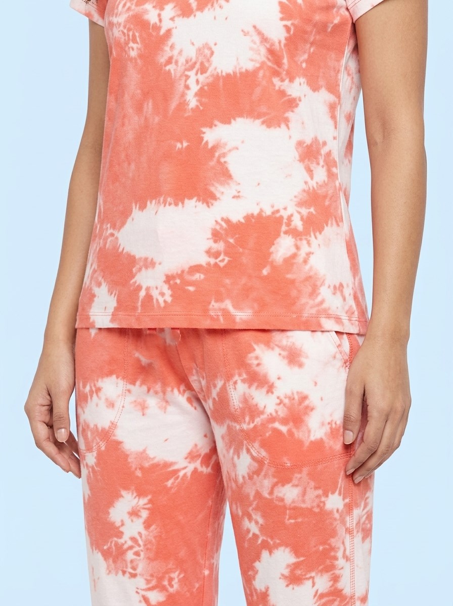 Women's Tie Dye Cotton Night Suit Set - Orange fabric detail