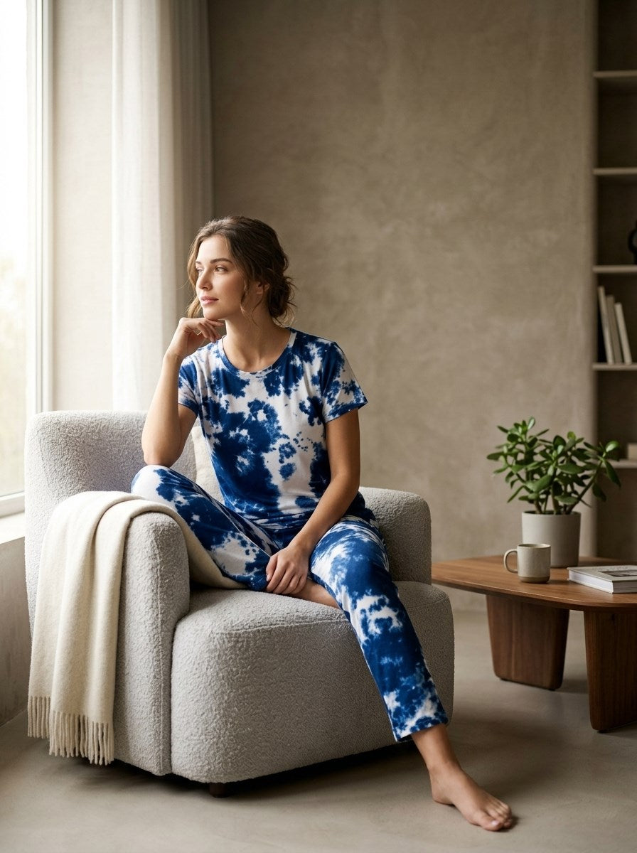 Women's Tie Dye Cotton Night Suit Set - Light Navy home lifestyle