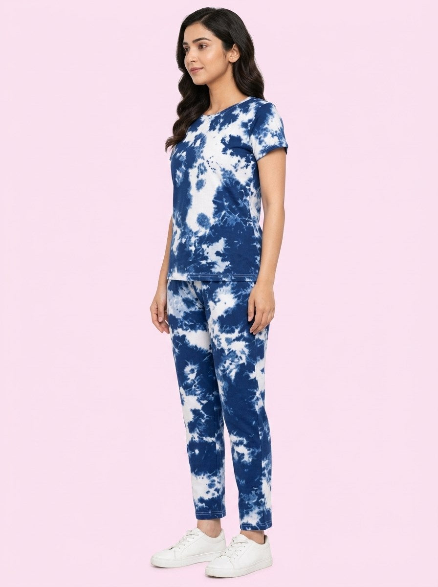Women's Tie Dye Cotton Night Suit Set - Light Navy right side view