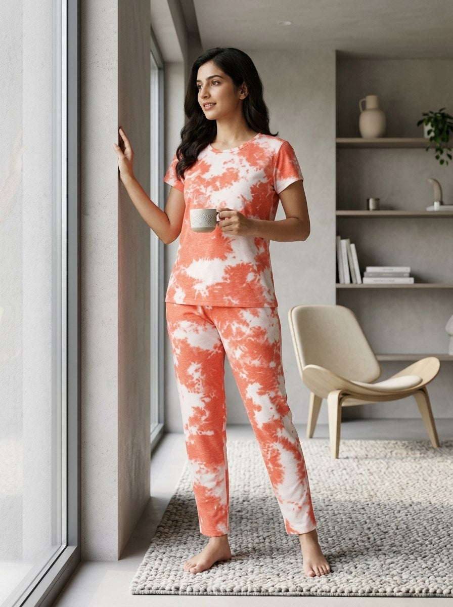 Women's Tie Dye Cotton Night Suit Set - Orange home lifestyle