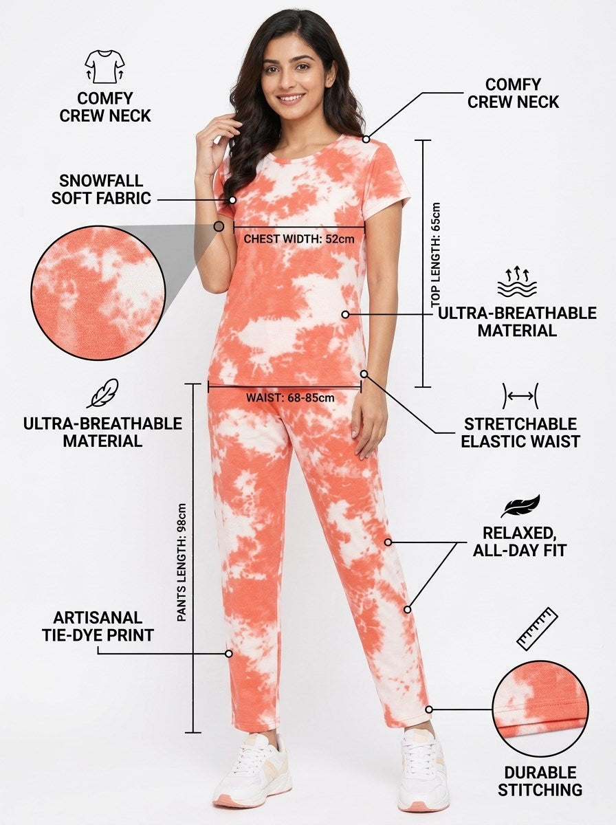 Women's Tie Dye Cotton Night Suit Set - Orange features