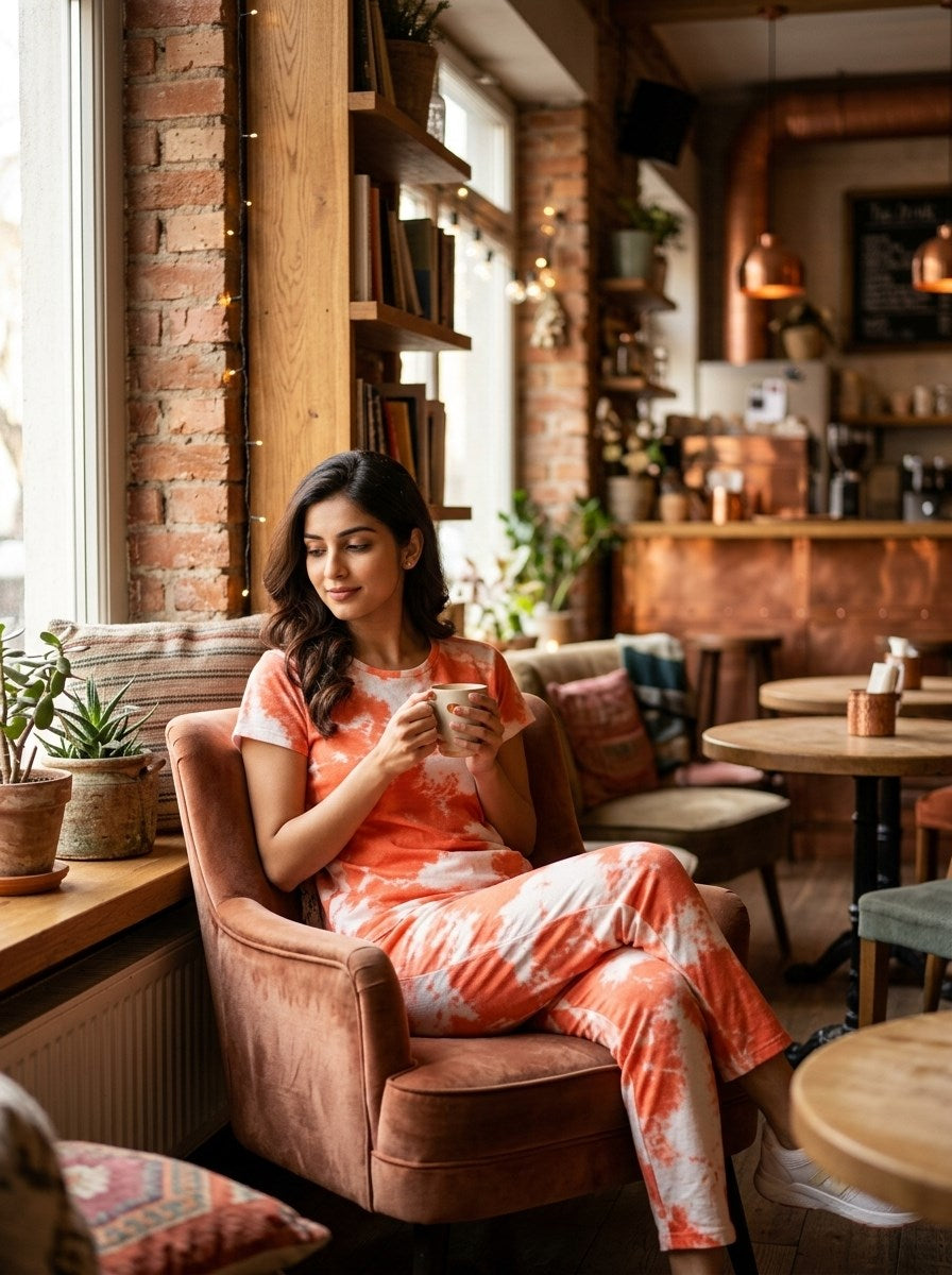 Women's Tie Dye Cotton Night Suit Set - Orange cafe lifestyle