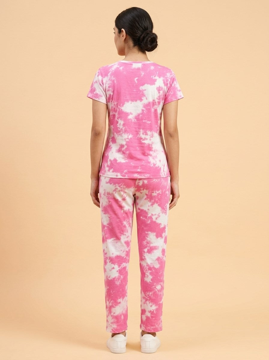 Women's Tie Dye Cotton Night Suit Set - Pink back view