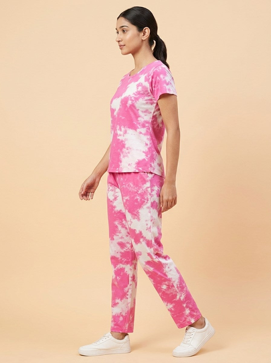 Women's Tie Dye Cotton Night Suit Set - Pink left side view