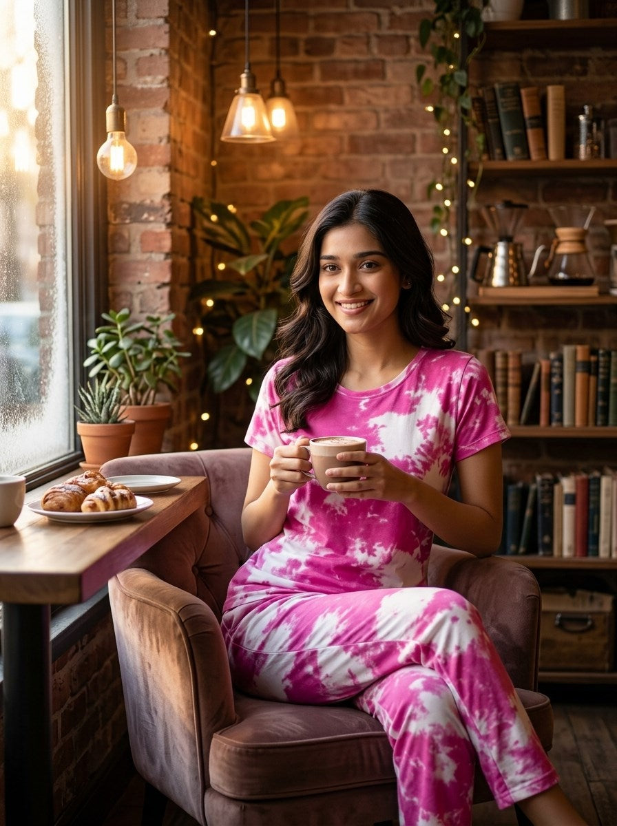 Women's Tie Dye Cotton Night Suit Set - Pink cafe lifestyle