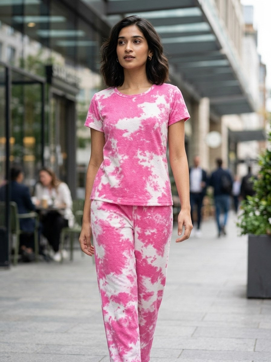 Women's Tie Dye Cotton Night Suit Set - Pink street lifestyle