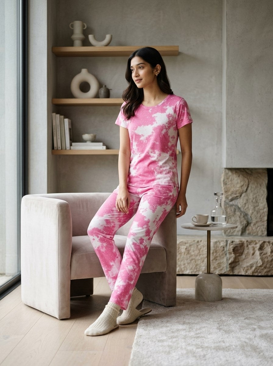 Women's Tie Dye Cotton Night Suit Set - Pink home lifestyle