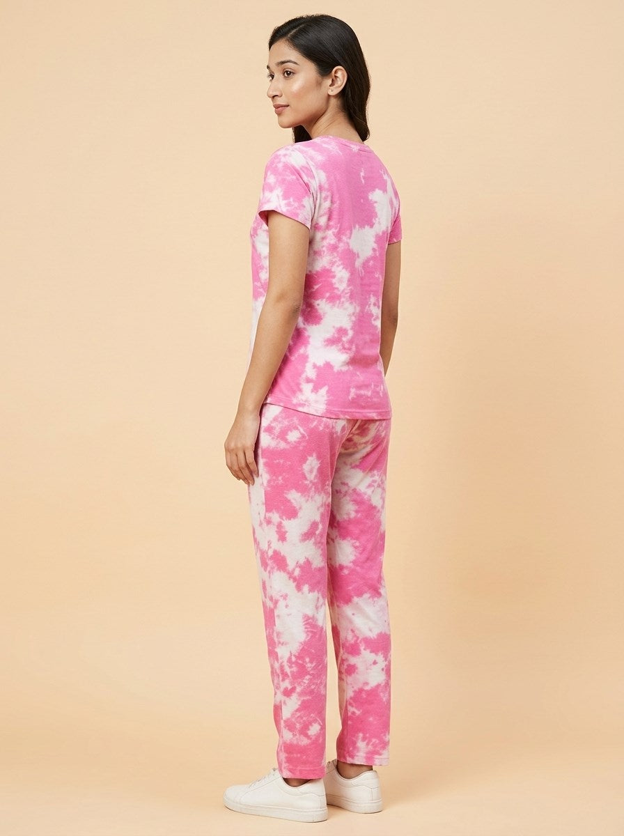 Women's Tie Dye Cotton Night Suit Set - Pink right side view