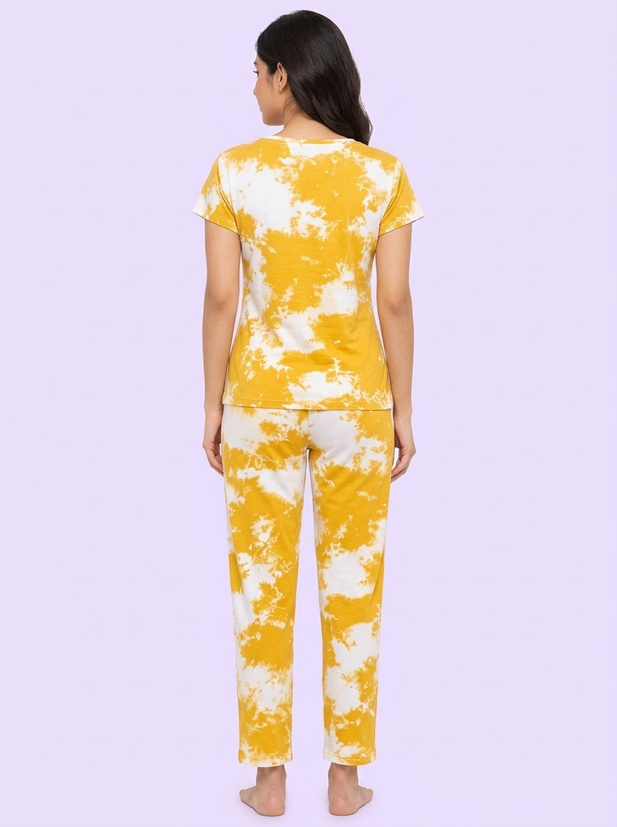 Women's Tie Dye Cotton Night Suit Set - Yellow back view