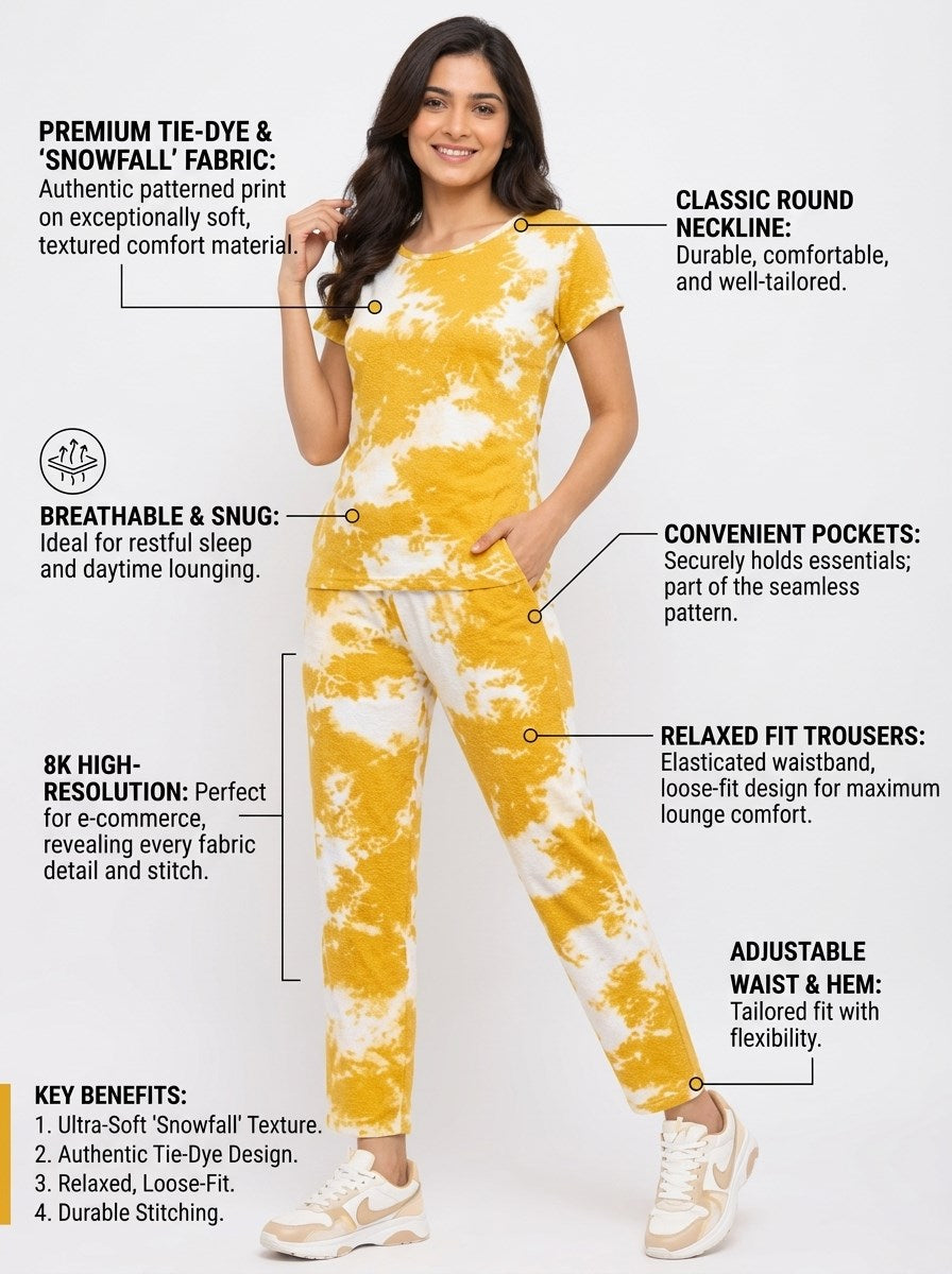 Women's Tie Dye Cotton Night Suit Set - Yellow features