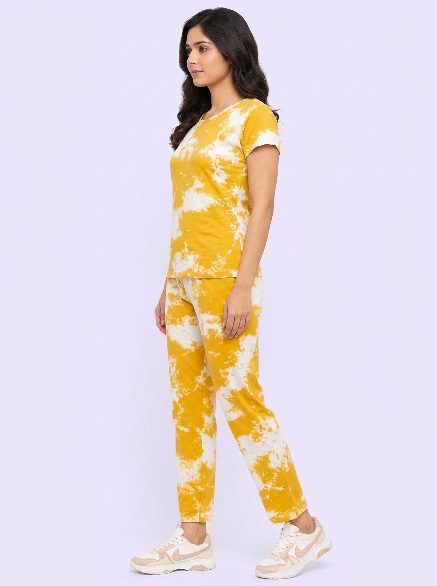 Women's Tie Dye Cotton Night Suit Set - Yellow left side view
