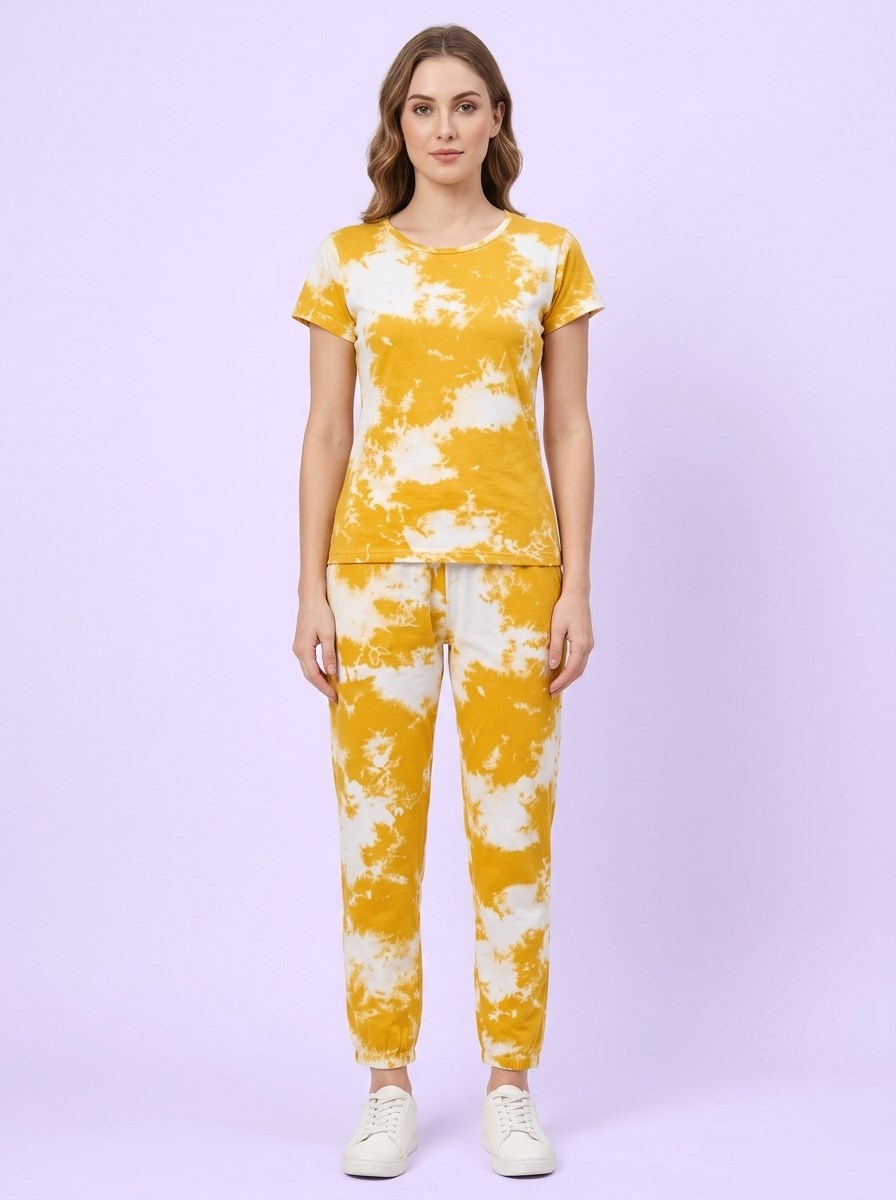 Women's Tie Dye Cotton Night Suit Set - Yellow front view