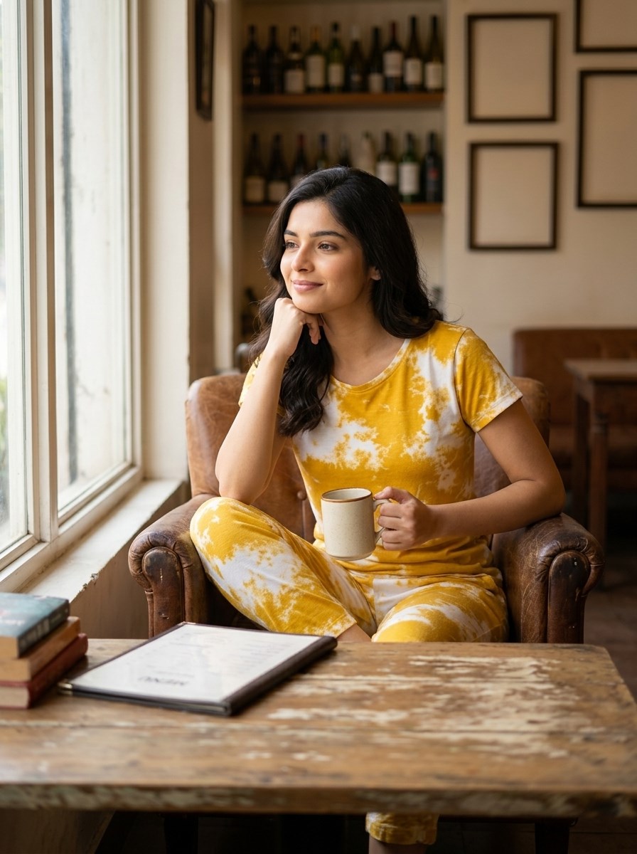 Women's Tie Dye Cotton Night Suit Set - Yellow cafe lifestyle