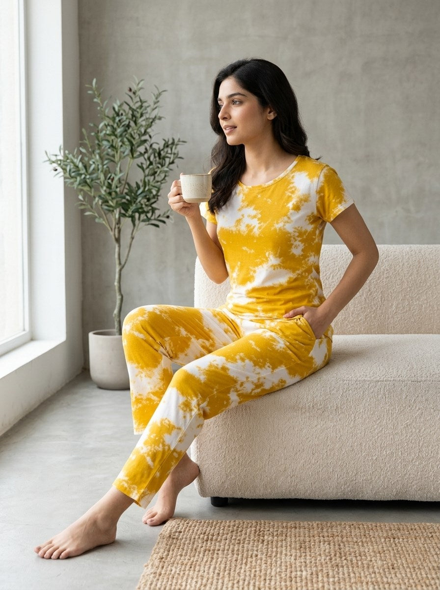 Women's Tie Dye Cotton Night Suit Set - Yellow home lifestyle