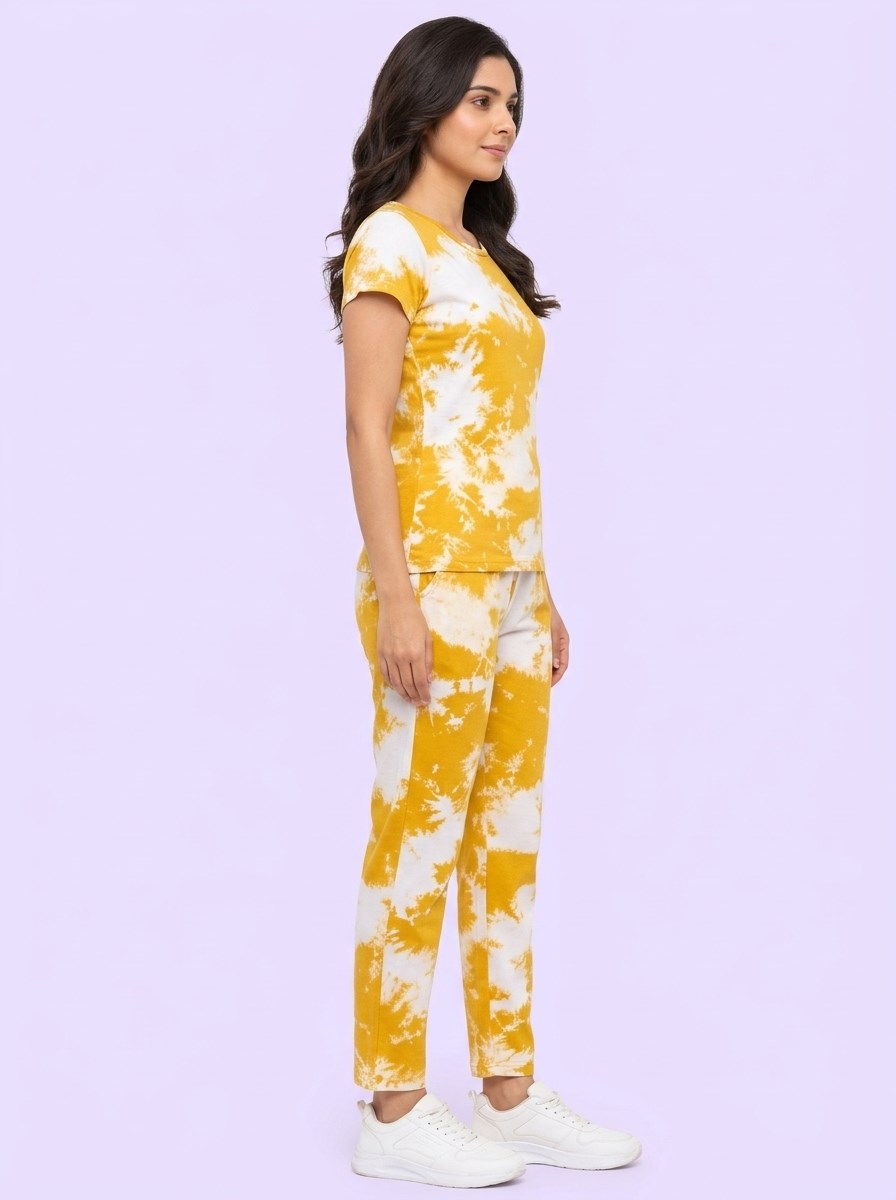 Women's Tie Dye Cotton Night Suit Set - Yellow right side view