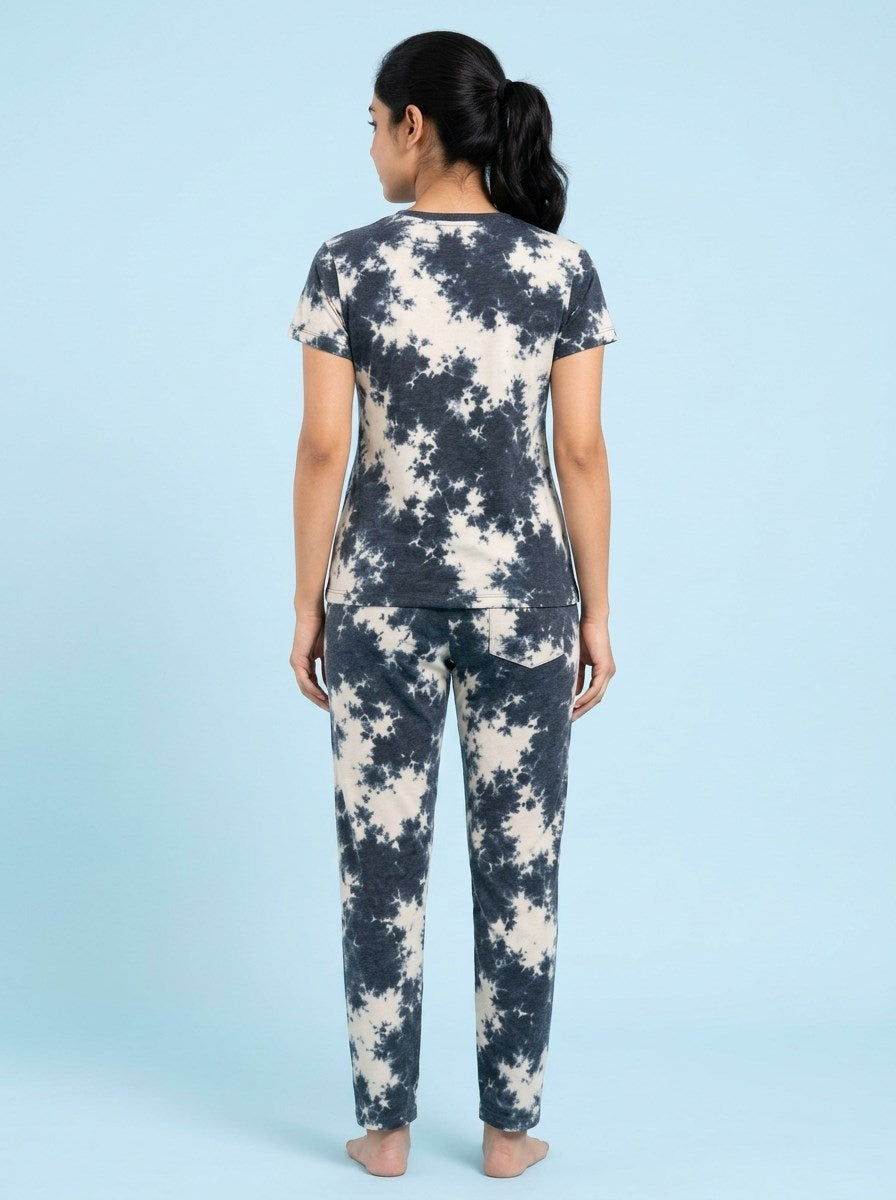 Women's Tie Dye Cotton Night Suit Set - Dark Navy back view