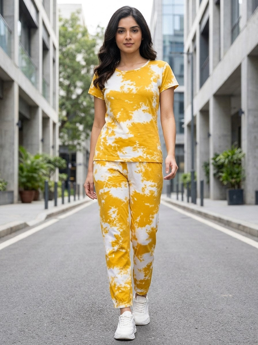 Women's Tie Dye Cotton Night Suit Set - Yellow street lifestyle