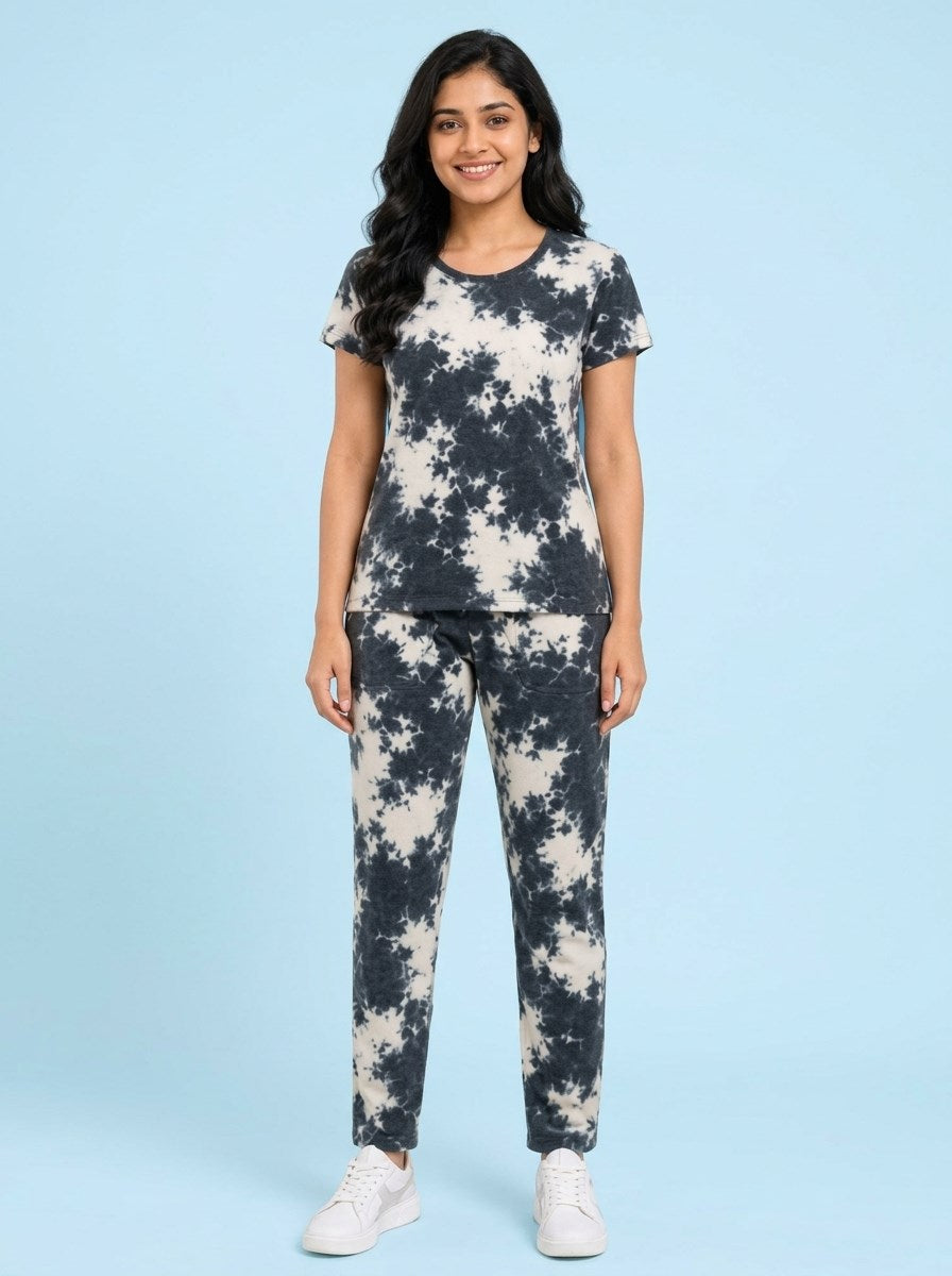 Women's Tie Dye Cotton Night Suit Set - Dark Navy front view