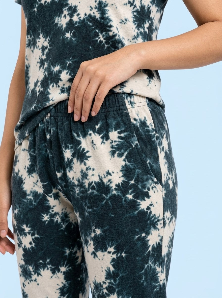 Women's Tie Dye Cotton Night Suit Set - Dark Navy fabric detail