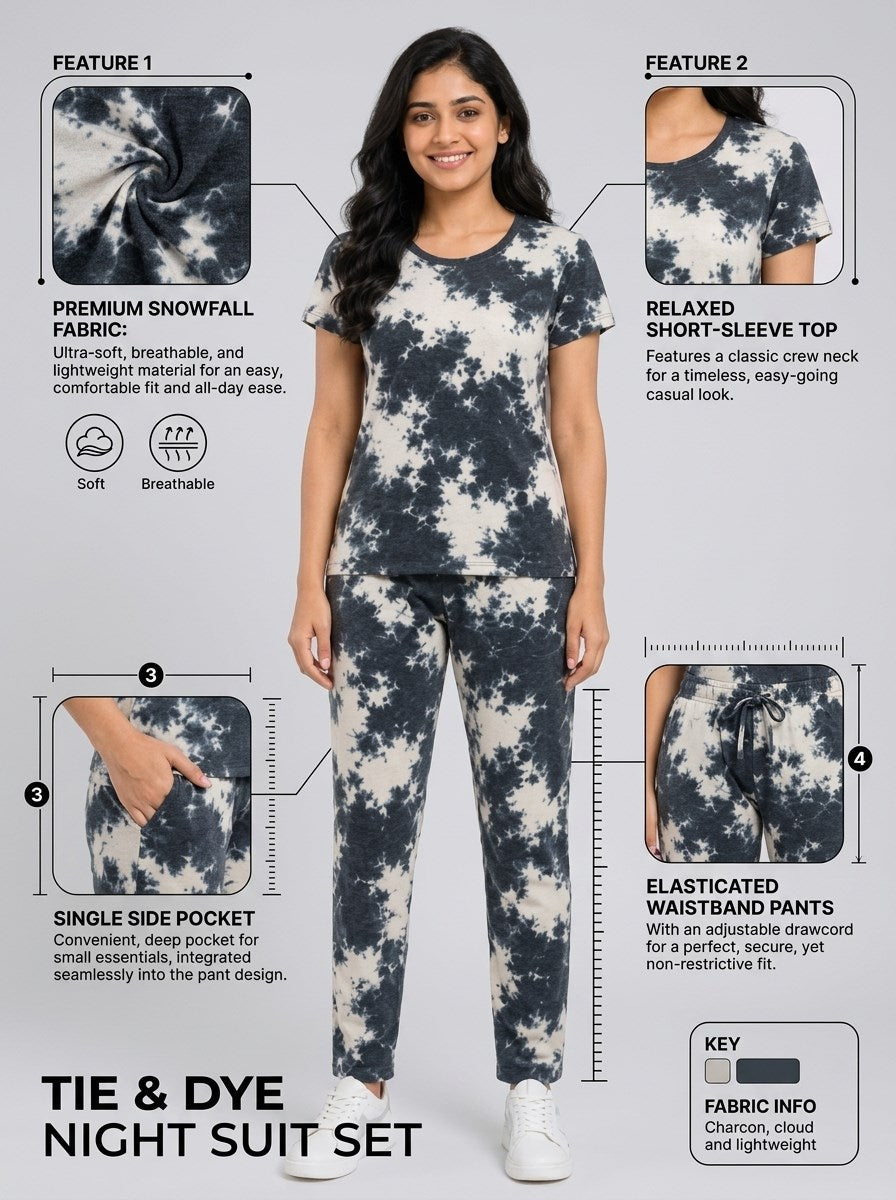 Women's Tie Dye Cotton Night Suit Set - Dark Navy features