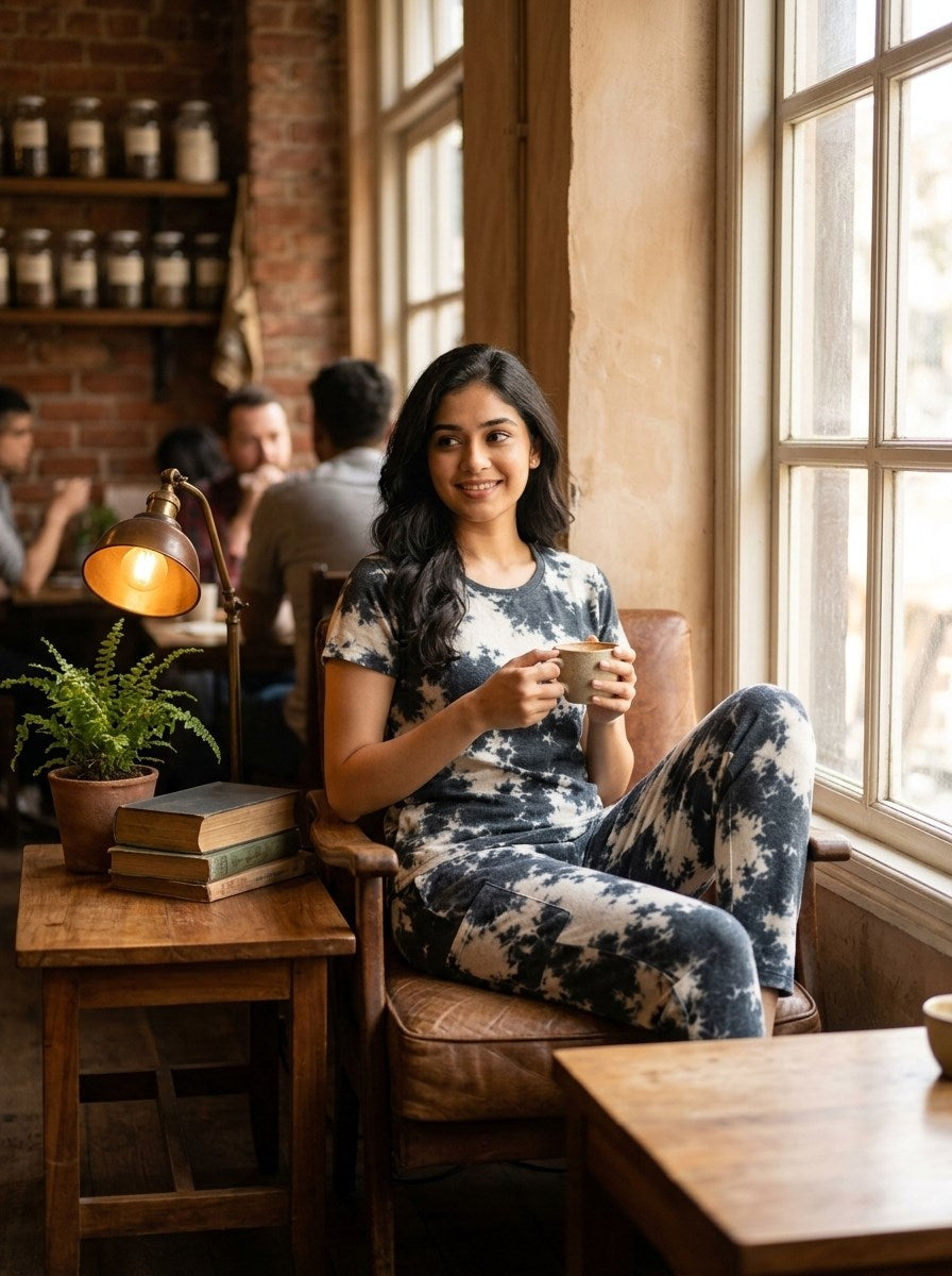 Women's Tie Dye Cotton Night Suit Set - Dark Navy cafe lifestyle