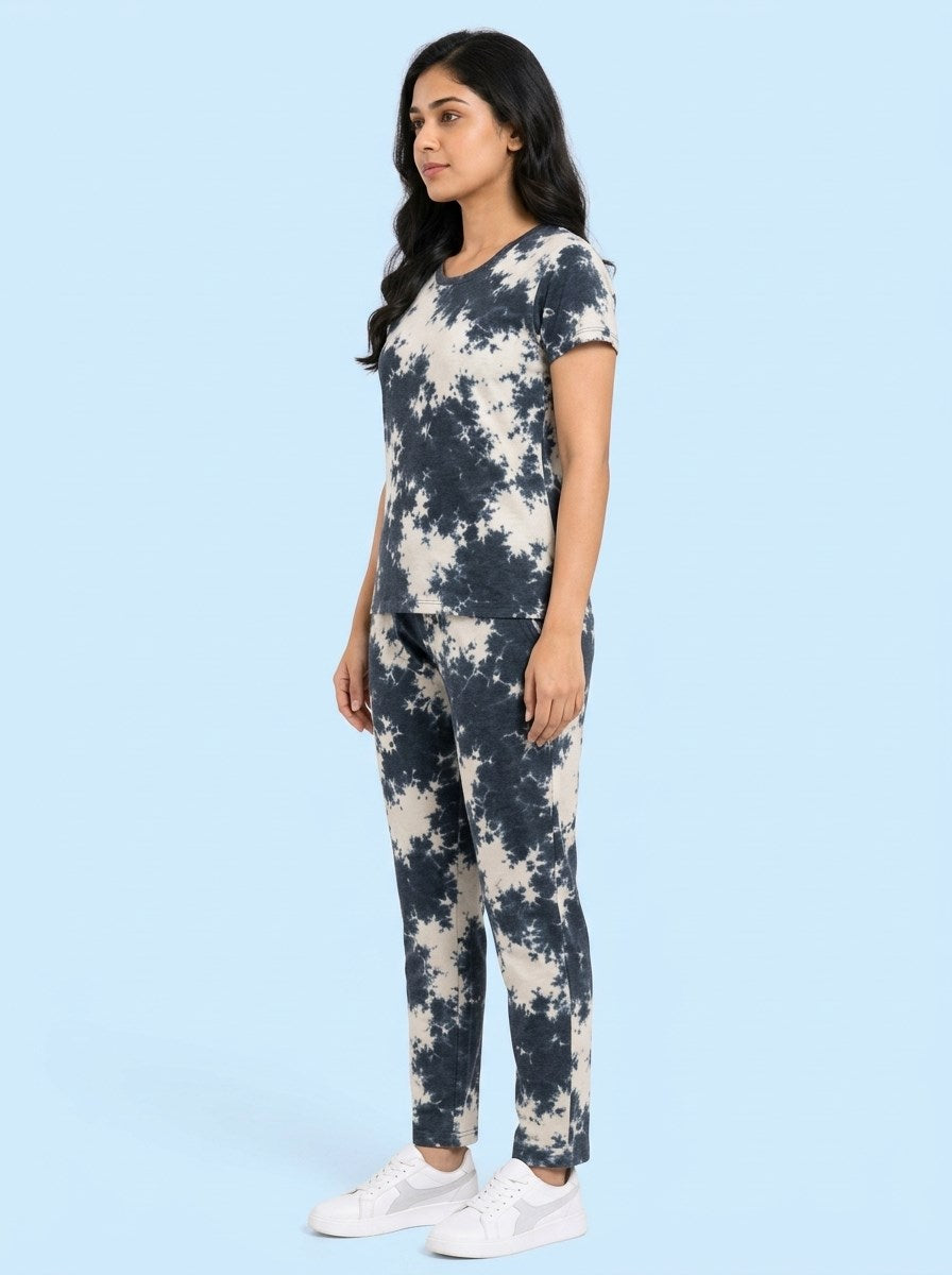 Women's Tie Dye Cotton Night Suit Set - Dark Navy left side view