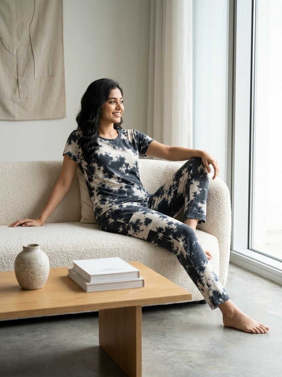 Women's Tie Dye Cotton Night Suit Set - Dark Navy home lifestyle