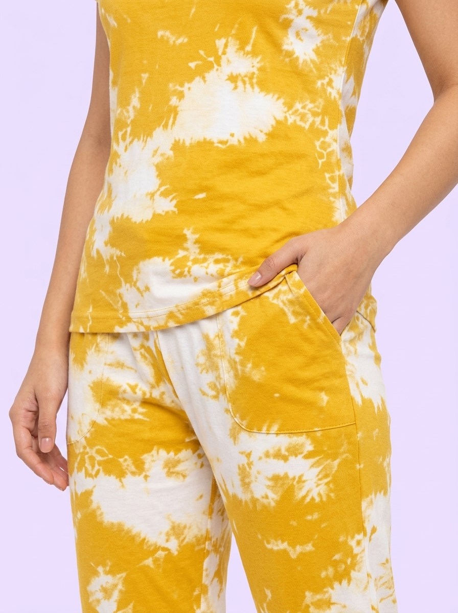 Women's Tie Dye Cotton Night Suit Set - Yellow fabric detail