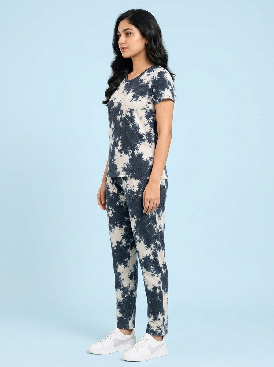Women's Tie Dye Cotton Night Suit Set - Dark Navy right side view