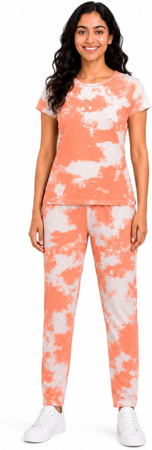 Women's printed cotton night suit in Peach Orange